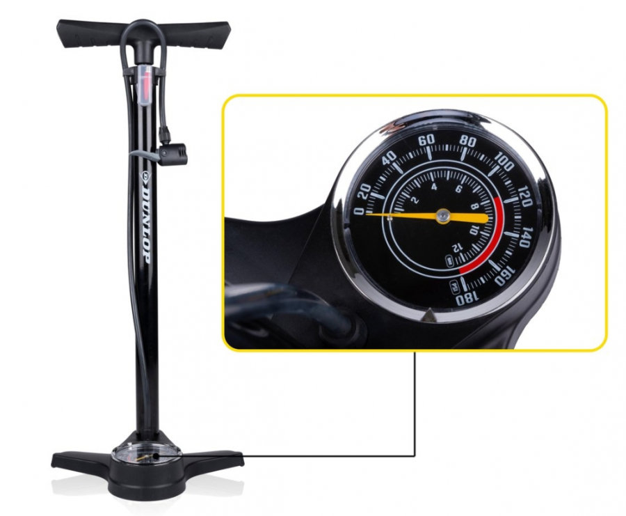 Dunlop álló kerékpár pumpa, nyomásmérővel, max 12 bar, Presta- Dunlop és Schrader